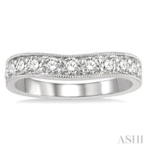 3/4 ctw Curved Center Milgrain Border Round Cut Diamond Wedding Band in 14K White Gold